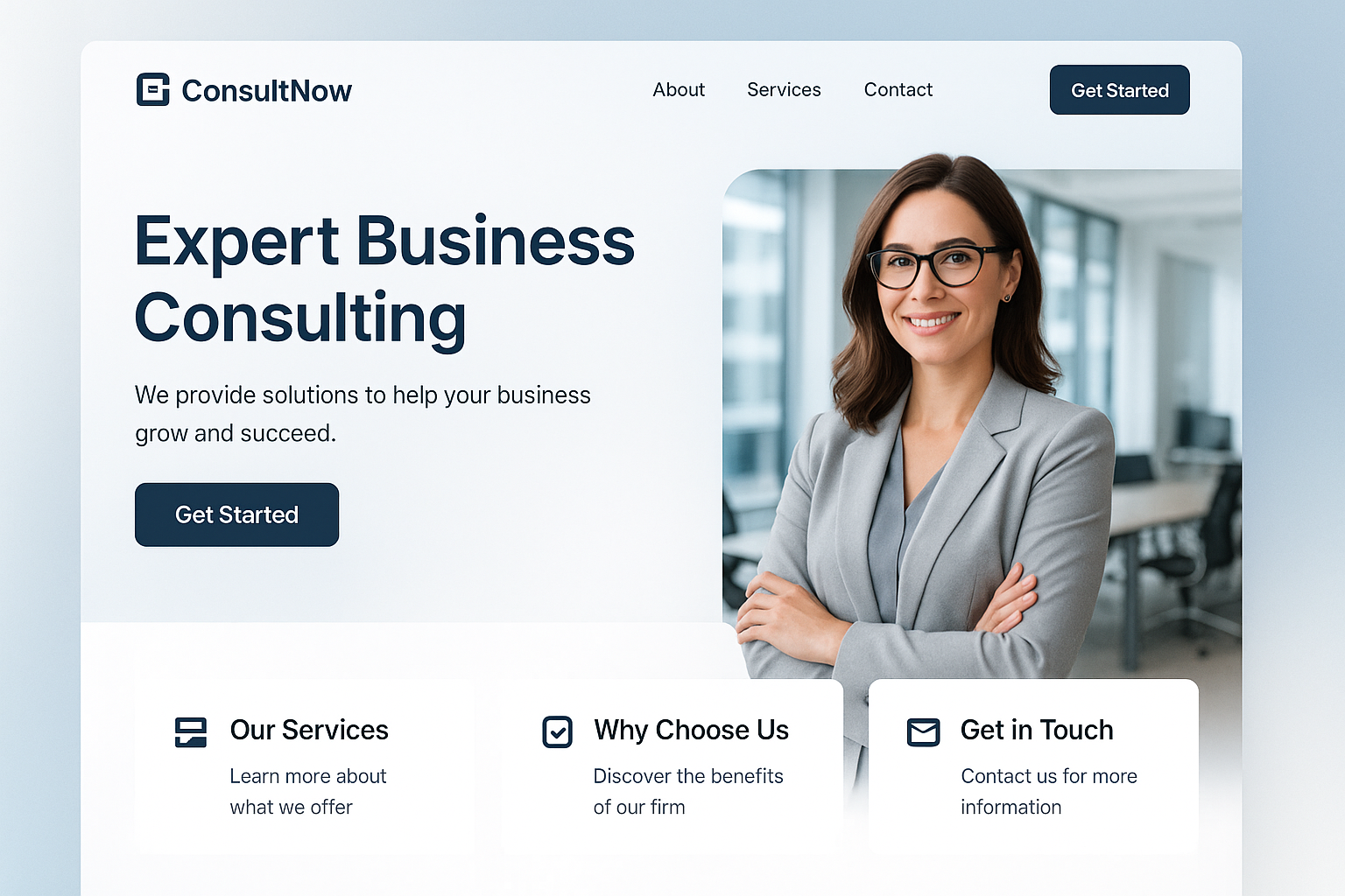 modern user friendly Consulting firm called consultnow website with logo in top left of header