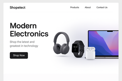 modern user friendly website for ecommerce business called shopelect with logo on top left of header and a few links for products and contact us pages in the header options etc