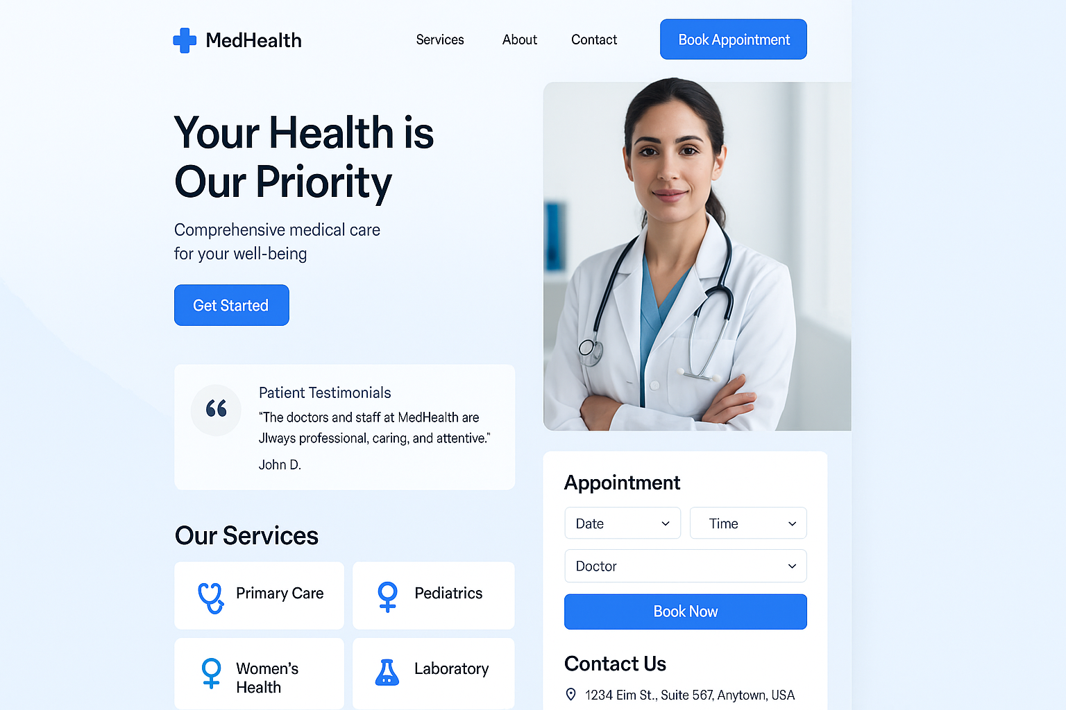 modern user friendly website for medical practice called medhealth with logo on top left of header and booking appointments etc