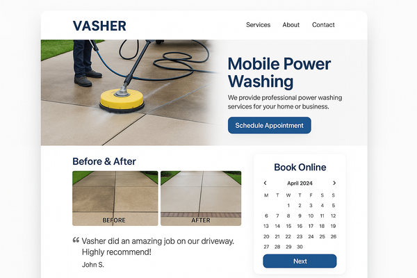 modern user friendly website for personal services business that comes to you to power wash your driveway called vasher with logo in top center of header and appointment scheduling etc
