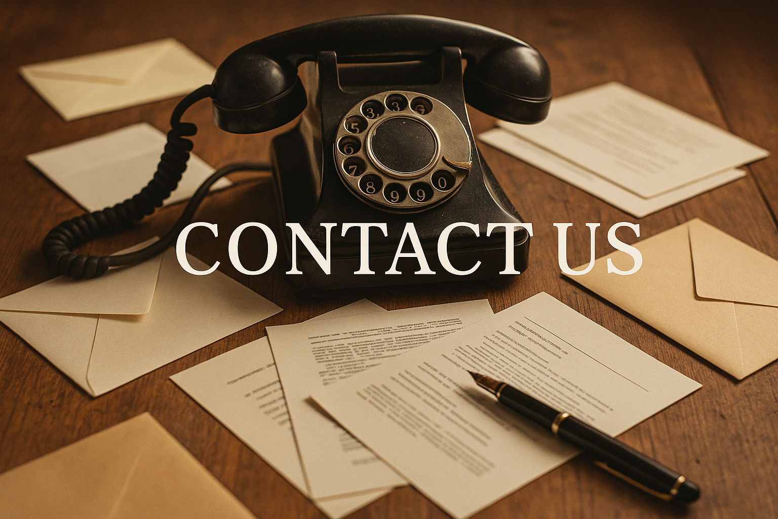 portrait picture of old wired telephone on wooden table with multiple envelopes and papers and a pen and the words contact us printed in the center of the picture