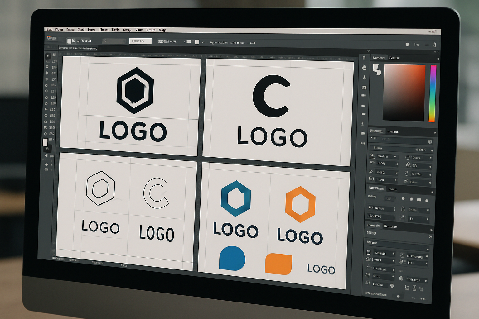 realistic image of brand designers screen while he is creating a few logos