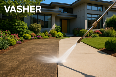 realistic image of driveway being power washed and cleaned, with modern house and gorgeous garden and the word VASHER on the top left of the immage 