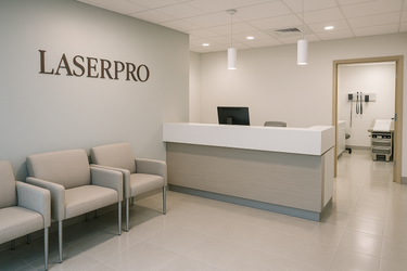 realistic image of modern dr. office with classy logo of LASERPRO on top left of image 